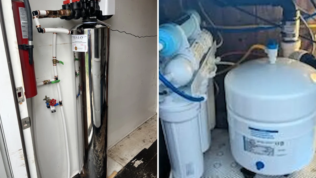 Whole-home HALO filtration installation beside a separate under-sink reverse-osmosis system