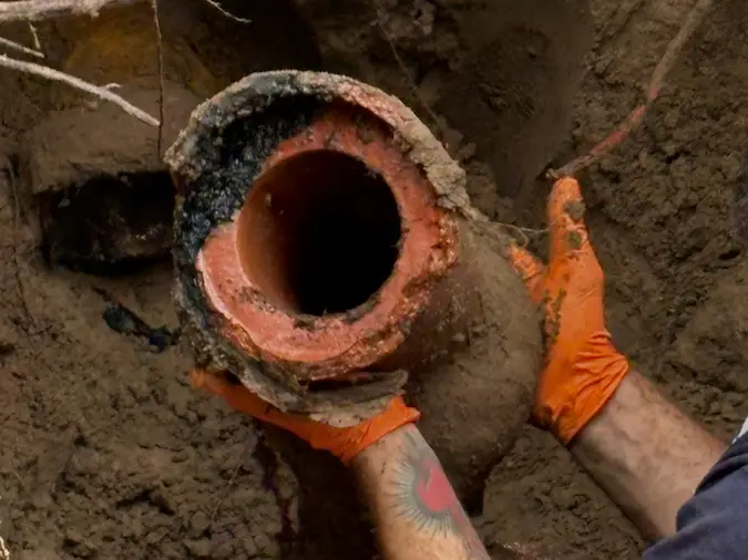 Broken clay sewer pipe found during sewer line repair