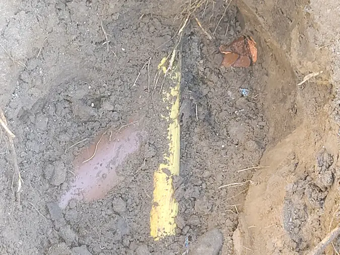 Utility line exposed after being bored through an existing sewer pipe