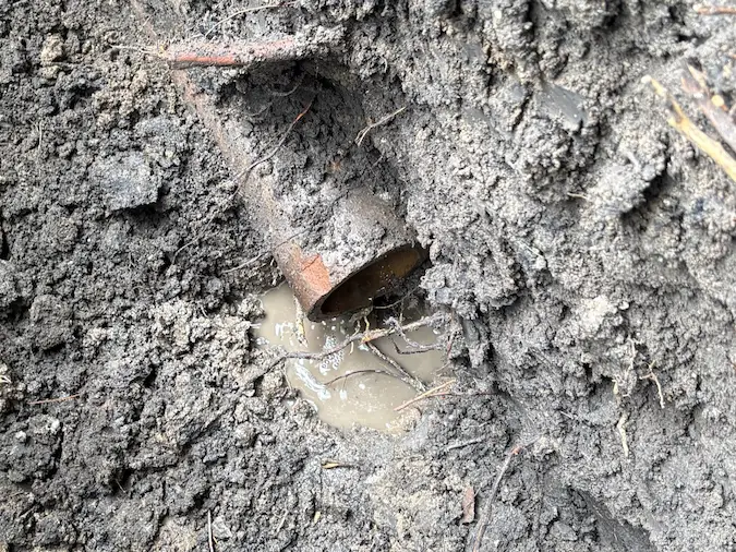 Broken clay sewer pipe exposed during excavation before replacement