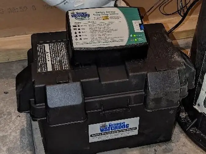 Sump pump backup control system and battery box
